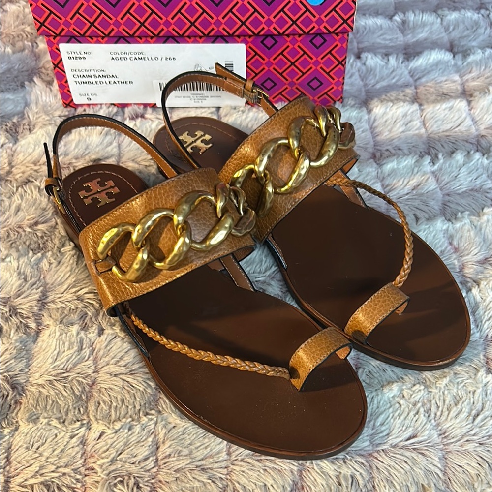 New Tory Burch Chain Sandal Tumbled Leather size 9